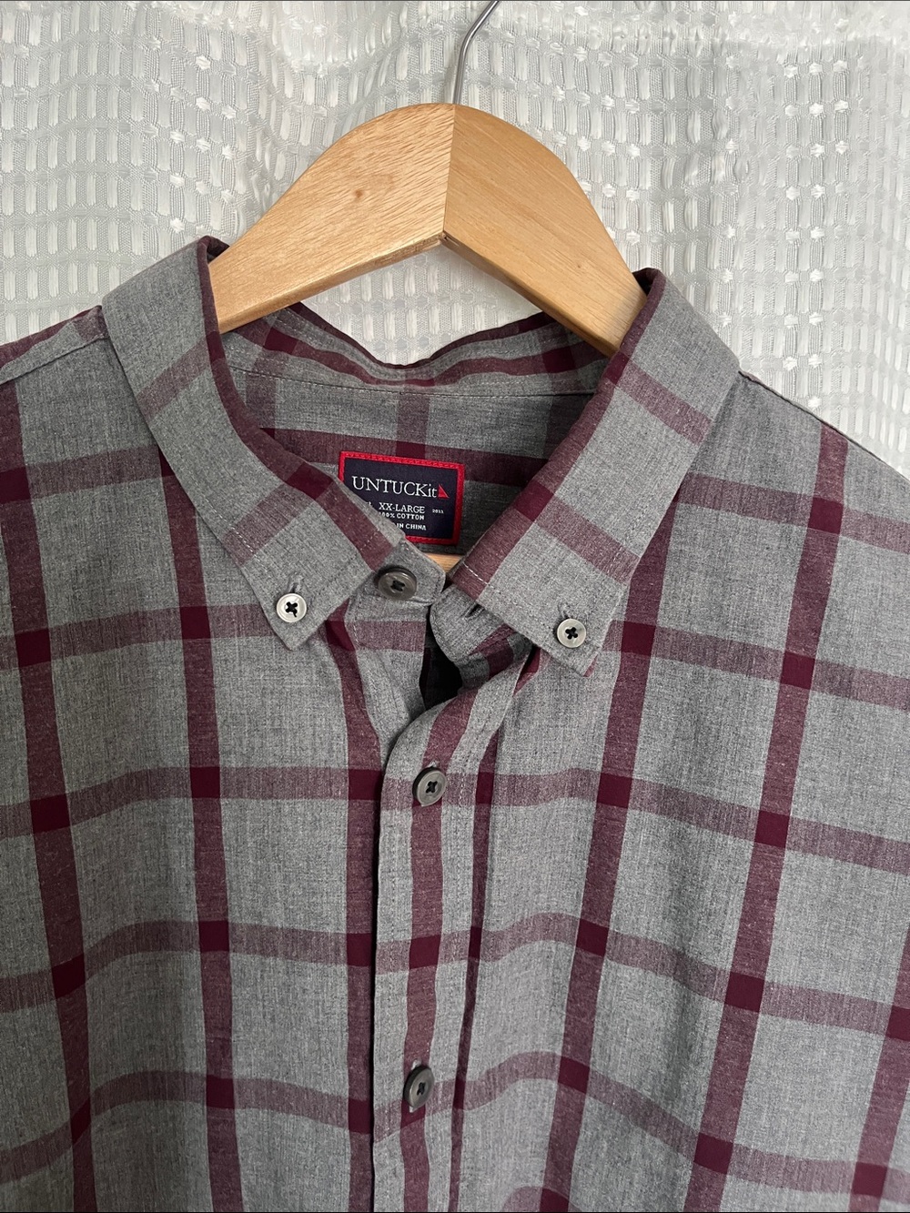 UNTUCKit Gray Burgundy Plaid Button Down Shirt XXL 100% Cotton Long Sleeve